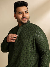 Sojanya Plus (Since 1958) Men's Cotton Floral & Cross-Stitch Sequins Green Kurta With Pyjama