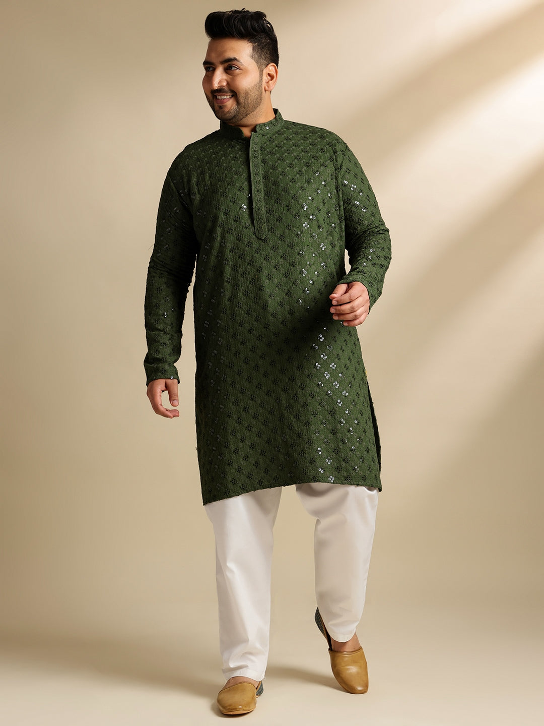 Sojanya Plus (Since 1958) Men's Cotton Floral & Cross-Stitch Sequins Green Kurta With Pyjama