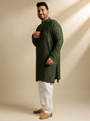 Sojanya Plus (Since 1958) Men's Cotton Floral & Cross-Stitch Sequins Green Kurta With Pyjama