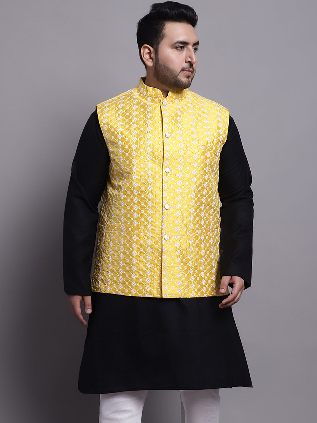 Men's Silk Blend Yellow Embroidered