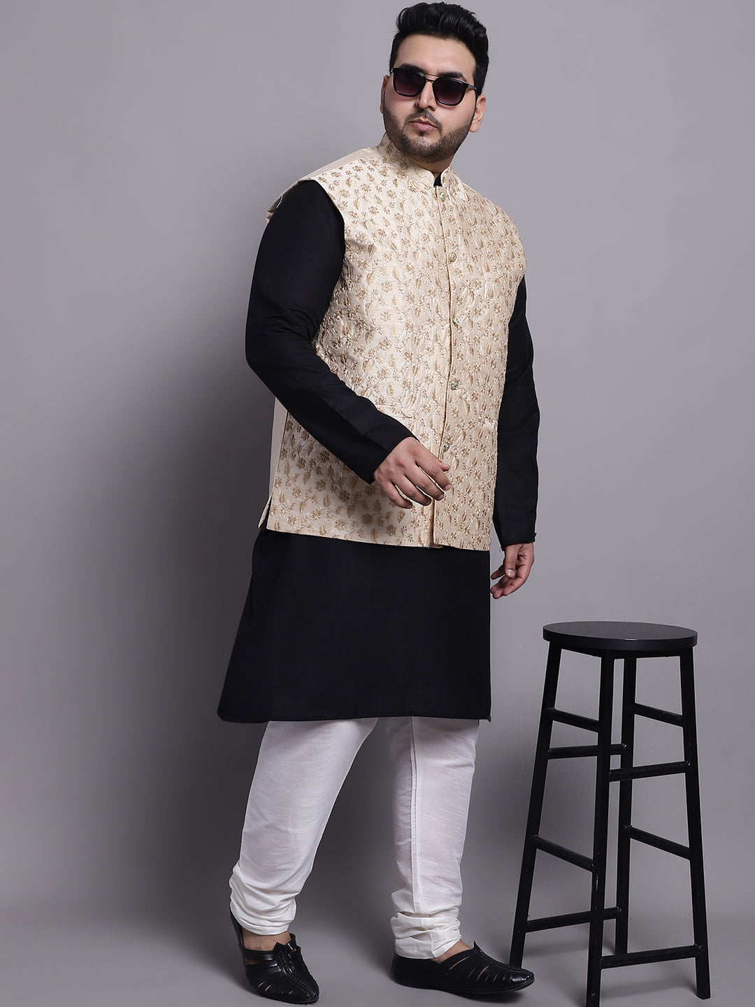 Mens Silk Blend Beige & Gold Embroidered