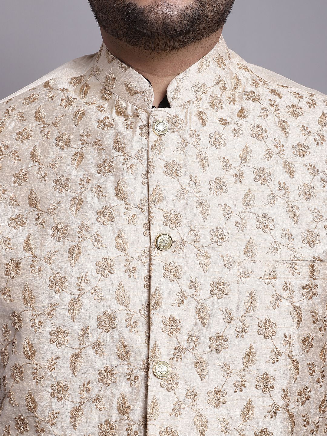 Mens Silk Blend Beige & Gold Embroidered