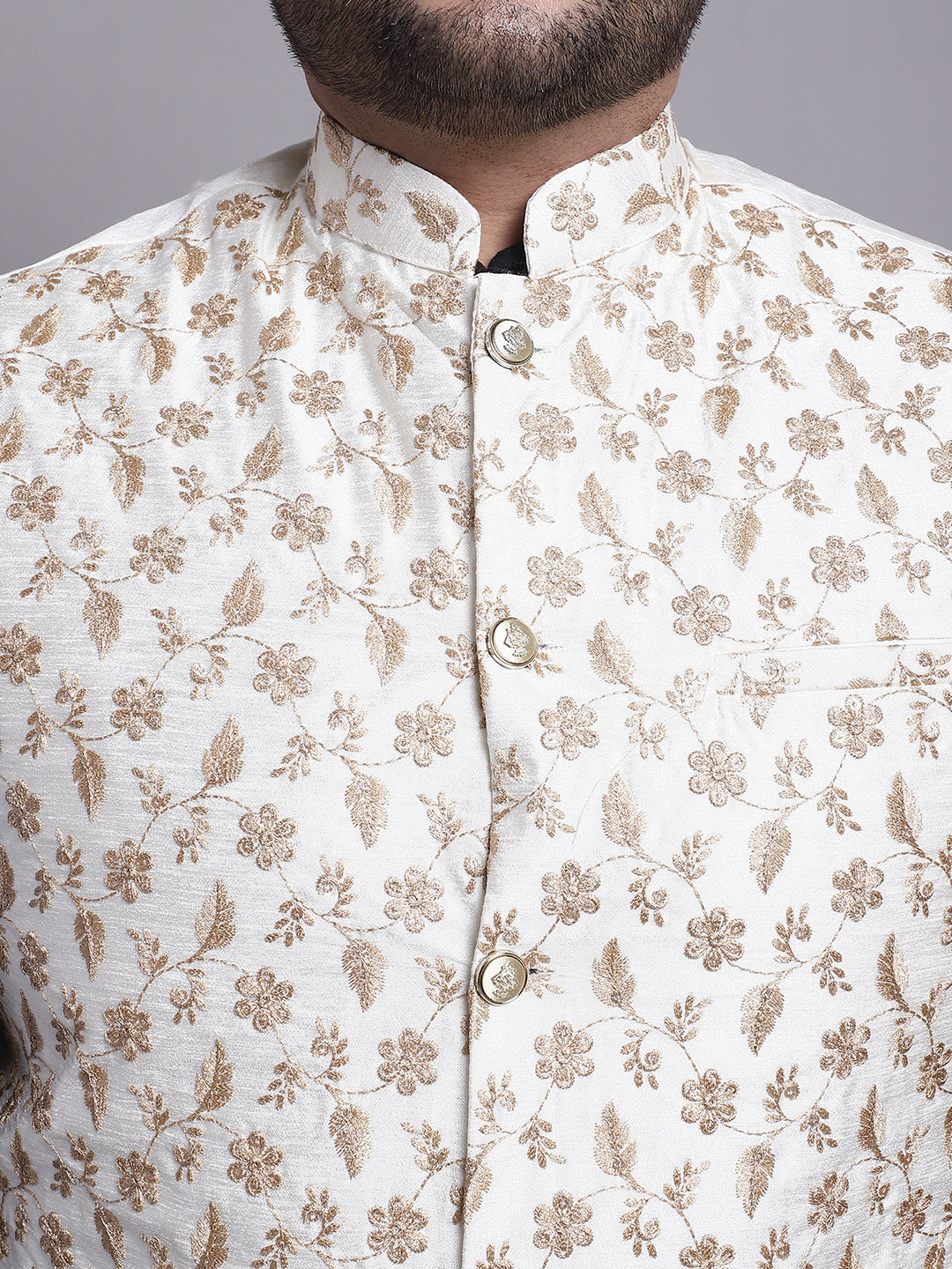 Mens Silk Blend Cream & Gold Embroidered