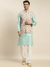 Men's Silk Blend Sea Green Kurta and Off-White Pyjama With Cream Nehru Jacket