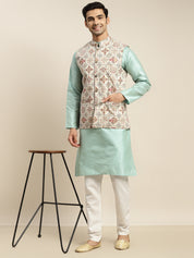 Men's Silk Blend Sea Green Kurta and Off-White Pyjama With Cream Nehru Jacket