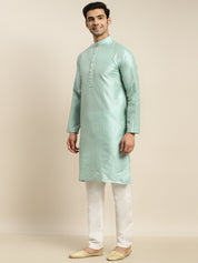 Men's Silk Blend Sea Green Kurta and Off-White Pyjama With Cream Nehru Jacket