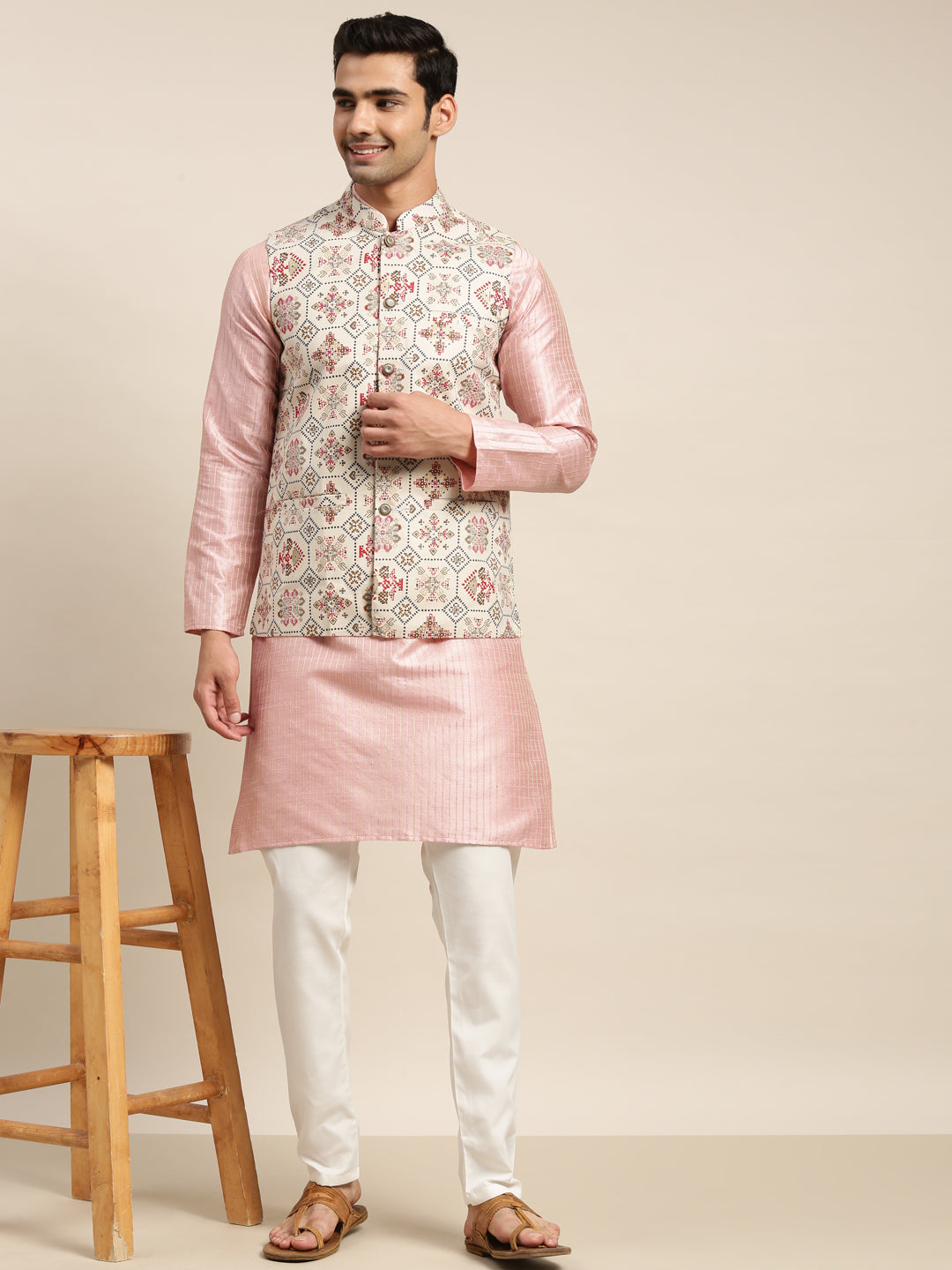 Men's Silk Blend Pink Kurta and Off-White Pyjama With Cream Nehru Jacket