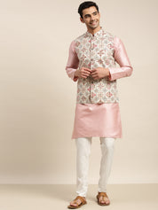 Men's Silk Blend Pink Kurta and Off-White Pyjama With Cream Nehru Jacket