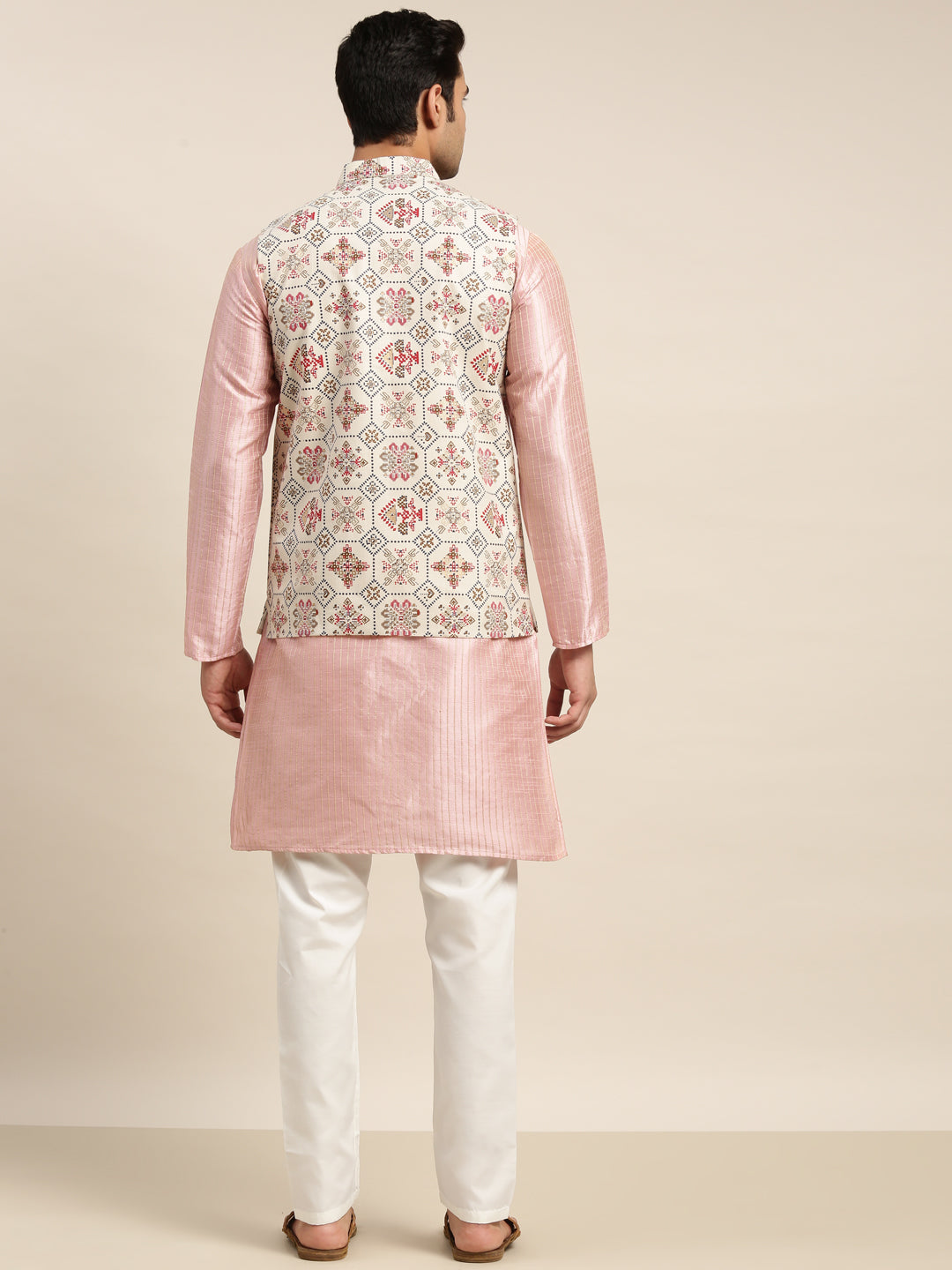 Men's Silk Blend Pink Kurta and Off-White Pyjama With Cream Nehru Jacket