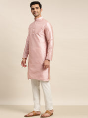 Men's Silk Blend Pink Kurta and Off-White Pyjama With Cream Nehru Jacket