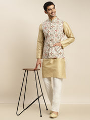 Men's Silk Blend Gold Kurta and Off-White Pyjama With Cream Nehru Jacket