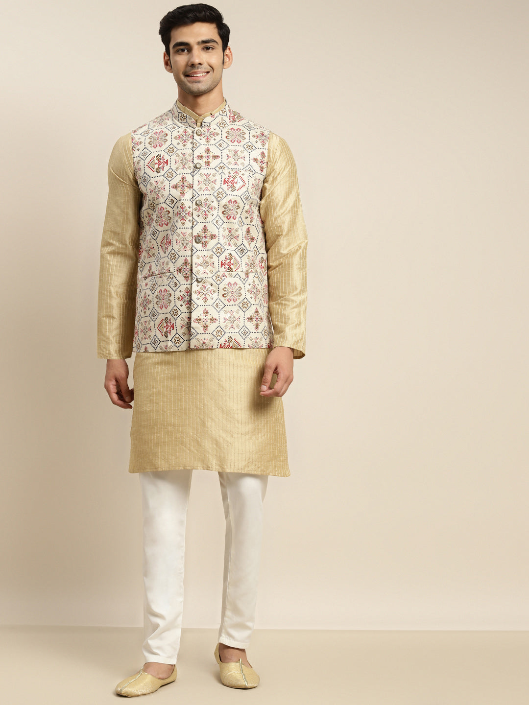 Men's Silk Blend Gold Kurta and Off-White Pyjama With Cream Nehru Jacket