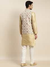 Men's Silk Blend Gold Kurta and Off-White Pyjama With Cream Nehru Jacket