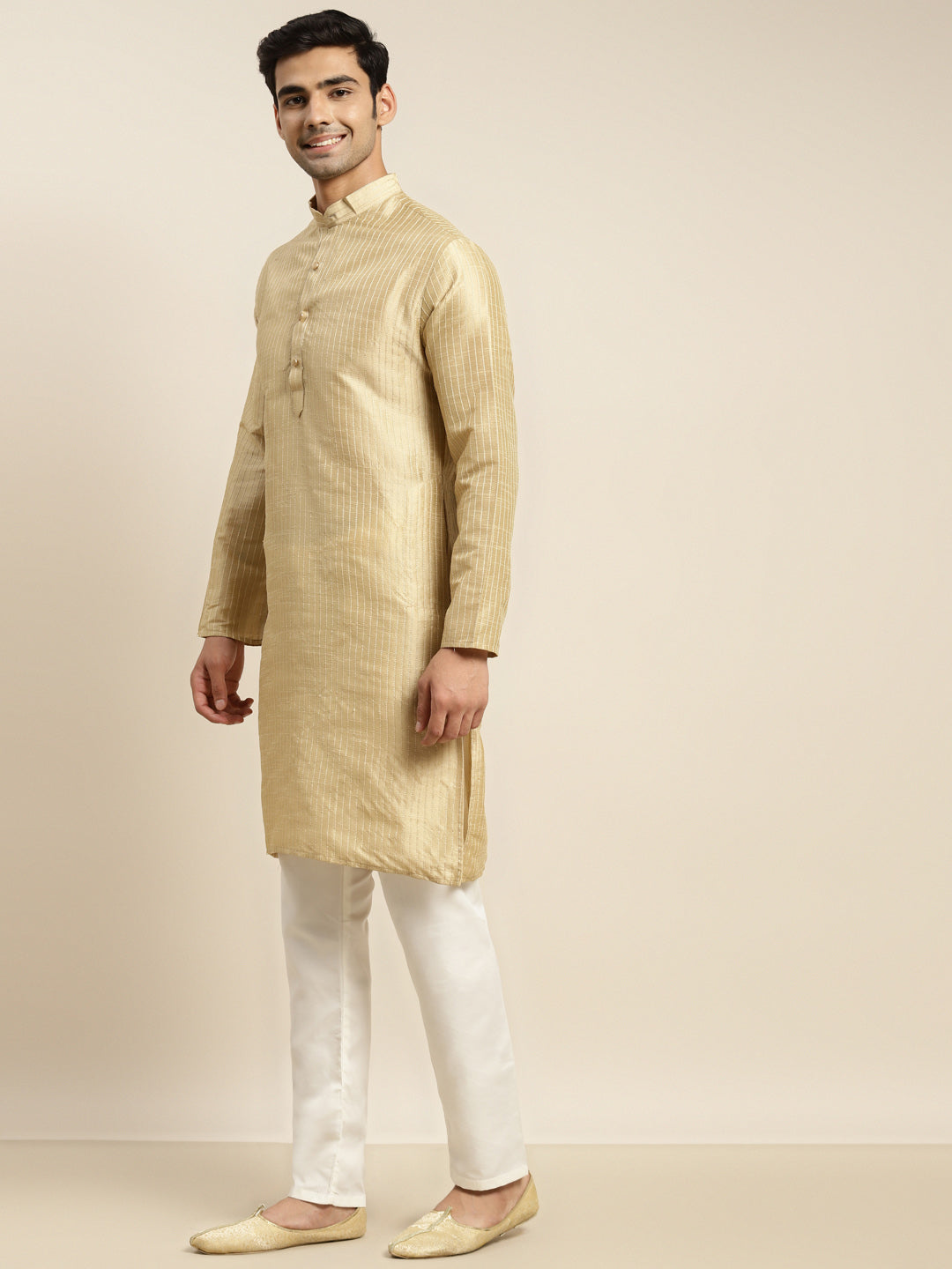 Men's Silk Blend Gold Kurta and Off-White Pyjama With Cream Nehru Jacket