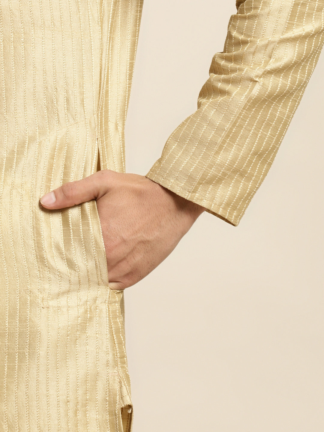 Men's Silk Blend Gold Kurta and Off-White Pyjama With Cream Nehru Jacket