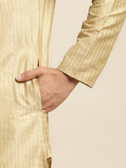 Men's Silk Blend Gold Kurta and Off-White Pyjama With Cream Nehru Jacket