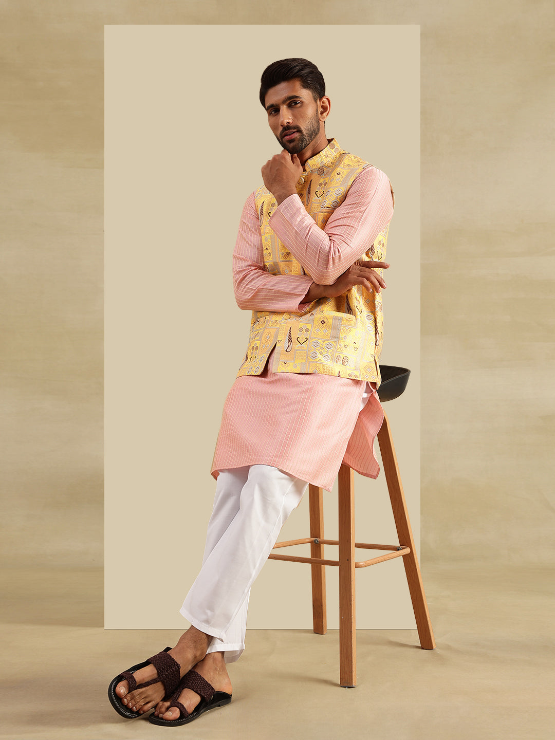Men's Silk Blend Striped Pink Kurta with White Pyjama & Jacquard Silk Yellow Nehru Jacket