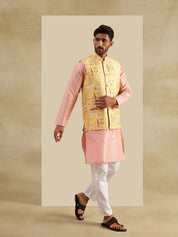 Men's Silk Blend Striped Pink Kurta with White Pyjama & Jacquard Silk Yellow Nehru Jacket