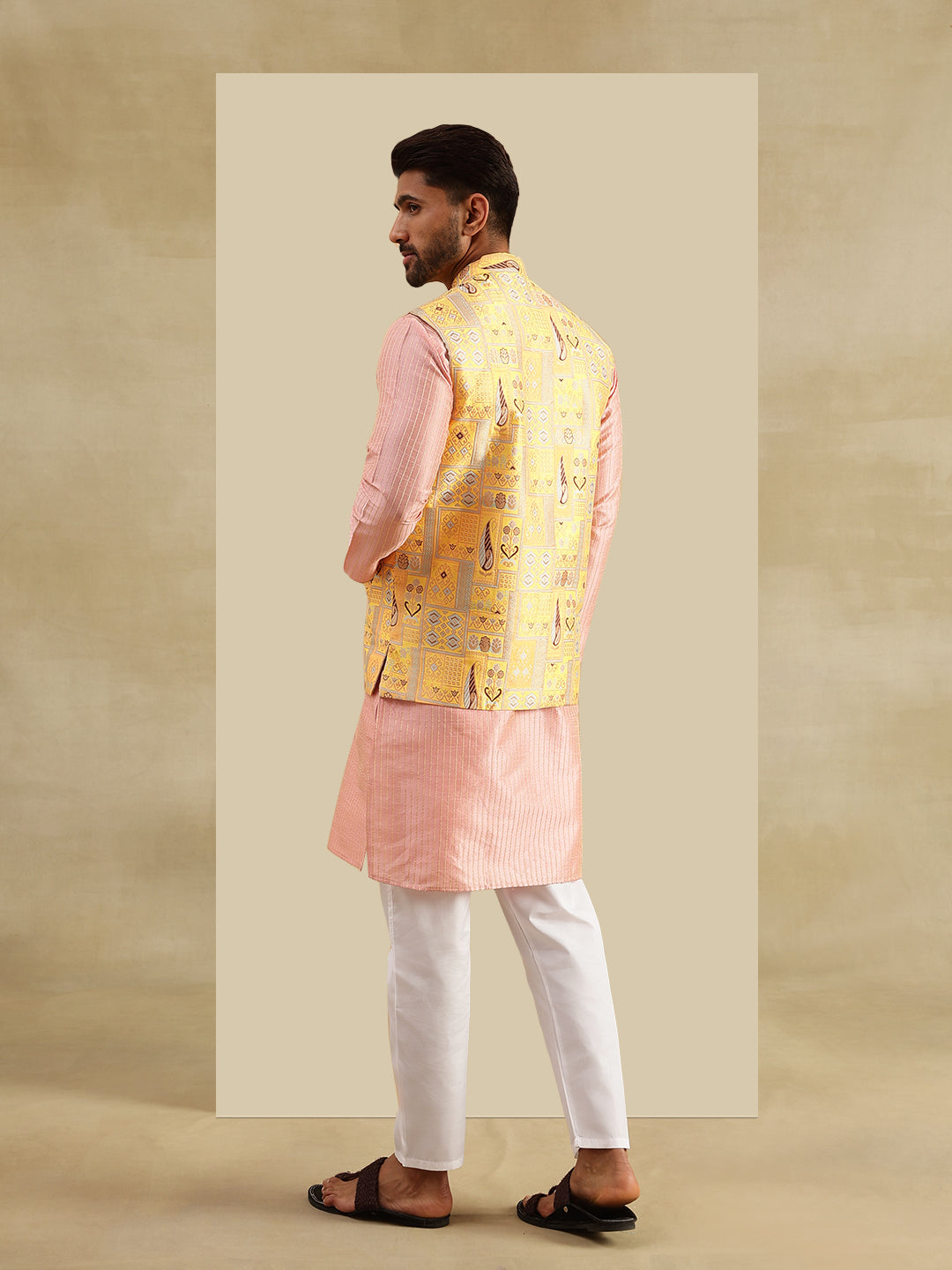 Men's Silk Blend Striped Pink Kurta with White Pyjama & Jacquard Silk Yellow Nehru Jacket