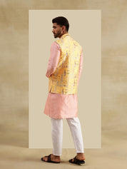 Men's Silk Blend Striped Pink Kurta with White Pyjama & Jacquard Silk Yellow Nehru Jacket