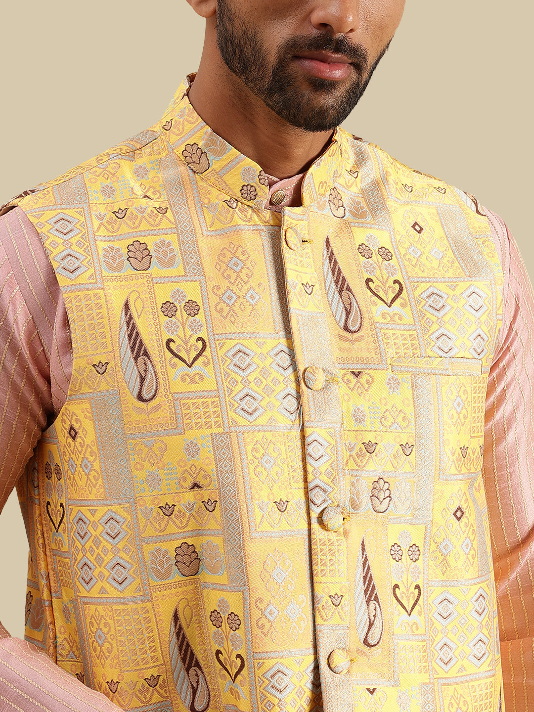 Men's Silk Blend Striped Pink Kurta with White Pyjama & Jacquard Silk Yellow Nehru Jacket