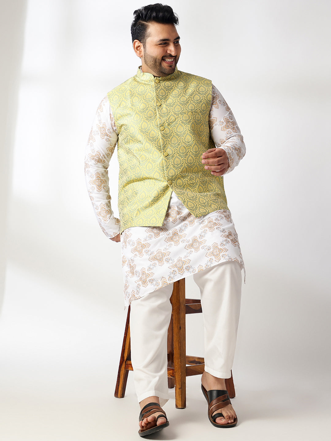 Men's Cotton Linen Printed White Kurta & Pyjama With Jacquard Silk Yellow Nehru Jacket