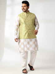 Men's Cotton Linen Printed White Kurta & Pyjama With Jacquard Silk Yellow Nehru Jacket