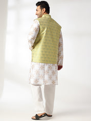 Men's Cotton Linen Printed White Kurta & Pyjama With Jacquard Silk Yellow Nehru Jacket