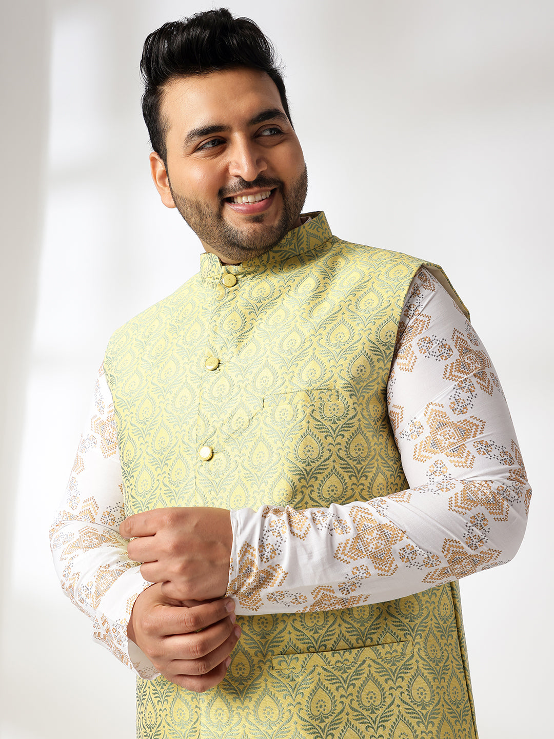 Men's Cotton Linen Printed White Kurta & Pyjama With Jacquard Silk Yellow Nehru Jacket