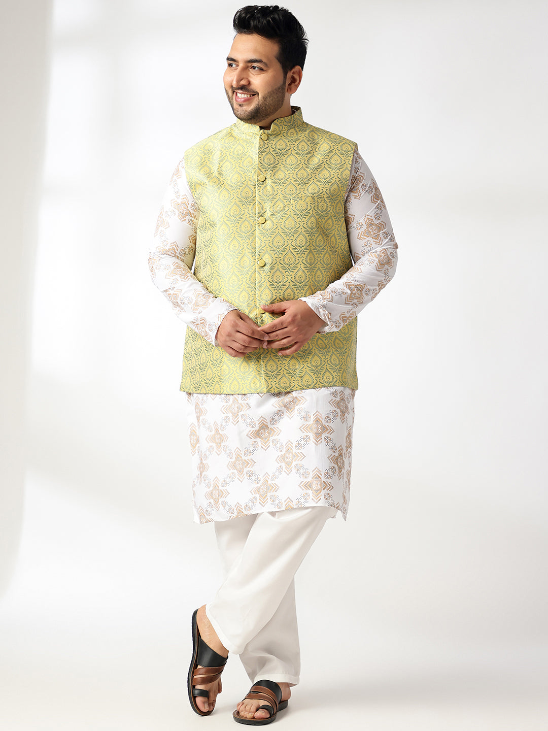 Men's Cotton Linen Printed White Kurta & Pyjama With Jacquard Silk Yellow Nehru Jacket