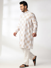 Men's Cotton Linen Printed White Kurta & Pyjama With Jacquard Silk Yellow Nehru Jacket