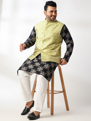Men's Cotton Linen Printed Black Kurta With White Pyjama & Cream Nehru Jacket