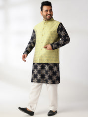 Men's Cotton Linen Printed Black Kurta With White Pyjama & Cream Nehru Jacket