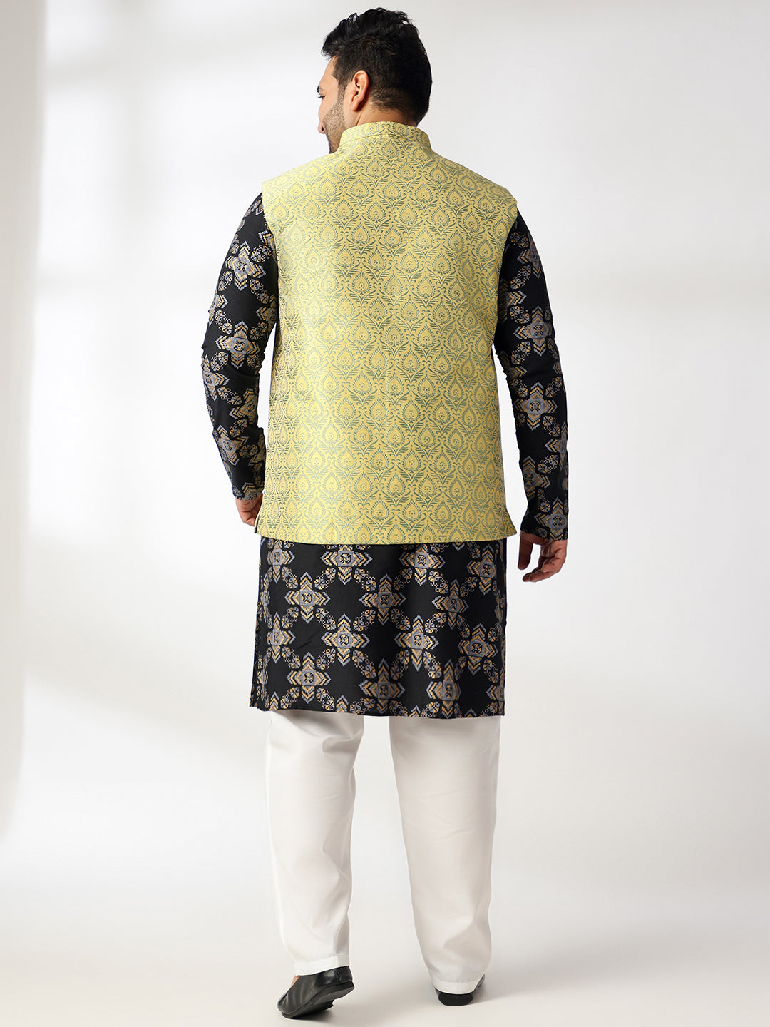 Men's Cotton Linen Printed Black Kurta With White Pyjama & Cream Nehru Jacket