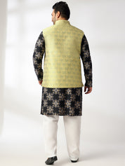Men's Cotton Linen Printed Black Kurta With White Pyjama & Cream Nehru Jacket