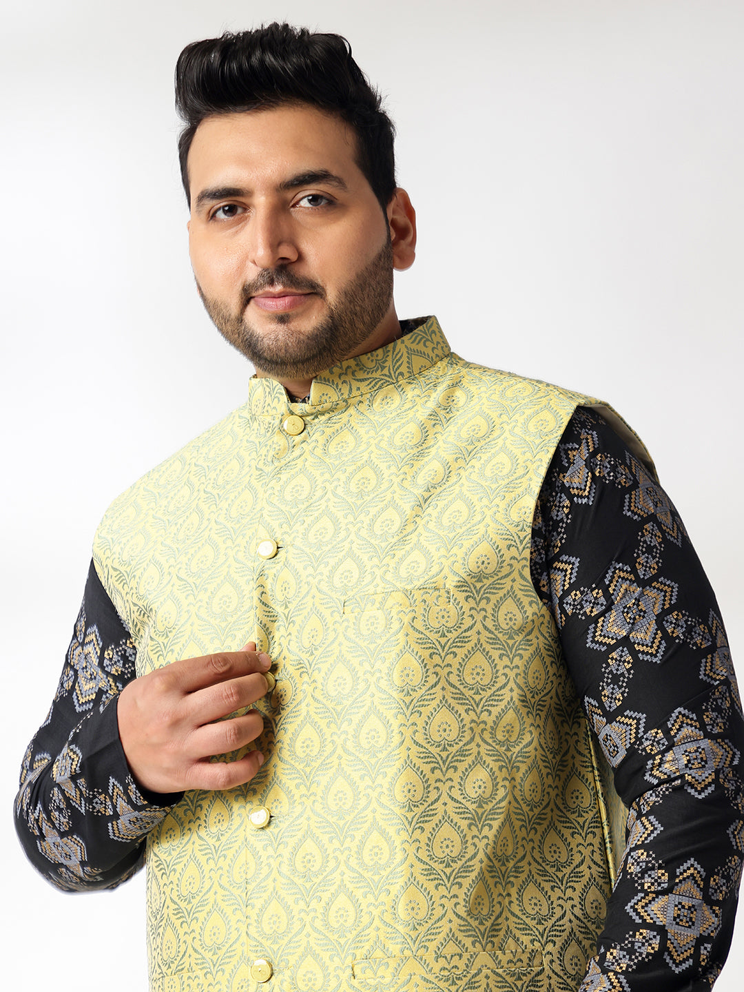 Men's Cotton Linen Printed Black Kurta With White Pyjama & Cream Nehru Jacket