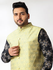 Men's Cotton Linen Printed Black Kurta With White Pyjama & Cream Nehru Jacket
