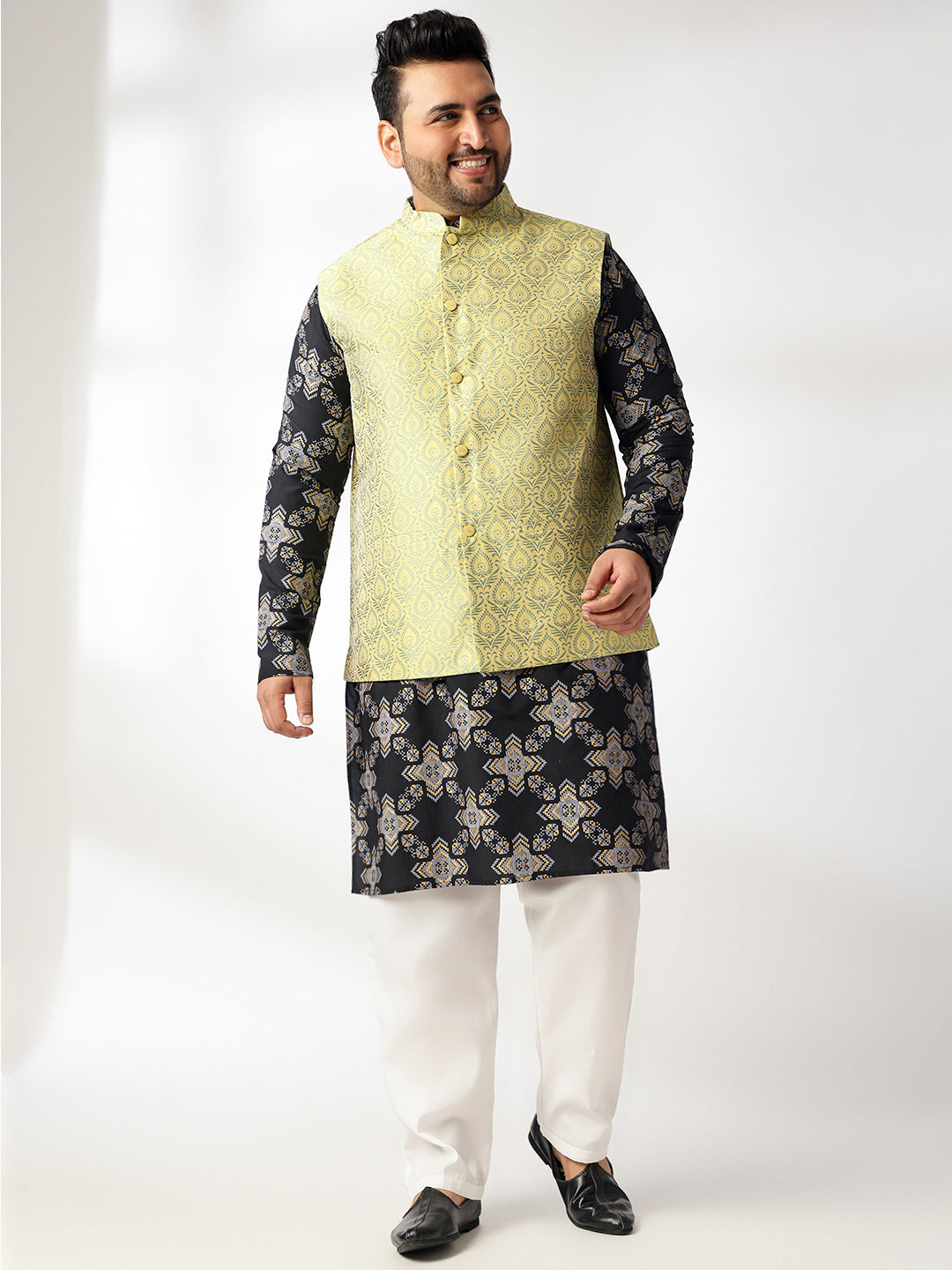 Men's Cotton Linen Printed Black Kurta With White Pyjama & Cream Nehru Jacket