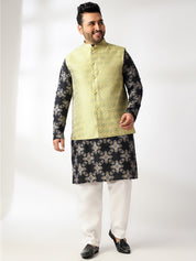 Men's Cotton Linen Printed Black Kurta With White Pyjama & Cream Nehru Jacket