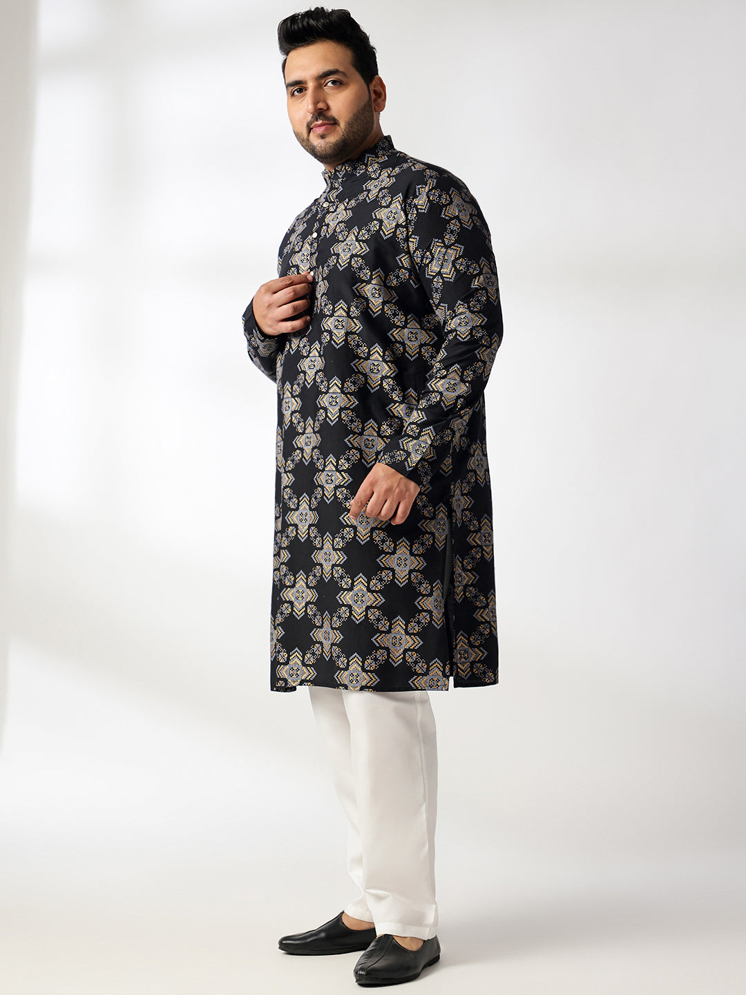 Men's Cotton Linen Printed Black Kurta With White Pyjama & Cream Nehru Jacket