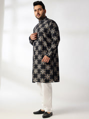 Men's Cotton Linen Printed Black Kurta With White Pyjama & Cream Nehru Jacket