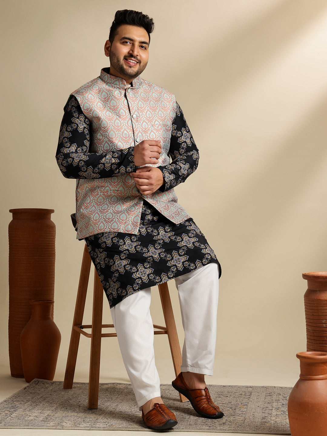 Sojanya PLUS (Since 1958) Men's Cotton Linen Printed Black Kurta & Pyjama With Green Nehru Jacket