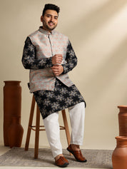 Sojanya PLUS (Since 1958) Men's Cotton Linen Printed Black Kurta & Pyjama With Green Nehru Jacket