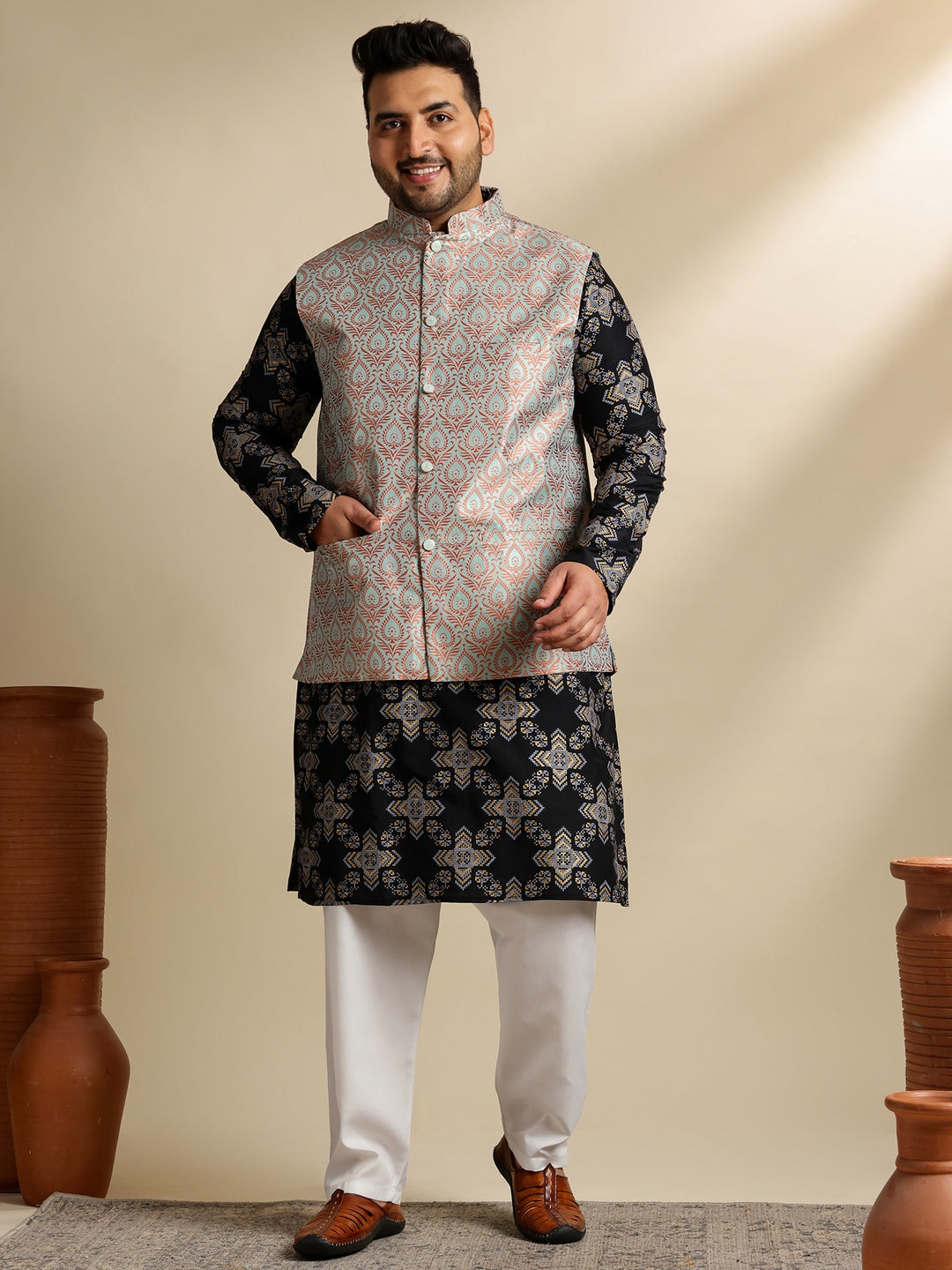 Sojanya PLUS (Since 1958) Men's Cotton Linen Printed Black Kurta & Pyjama With Green Nehru Jacket
