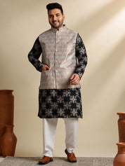 Sojanya PLUS (Since 1958) Men's Cotton Linen Printed Black Kurta & Pyjama With Green Nehru Jacket
