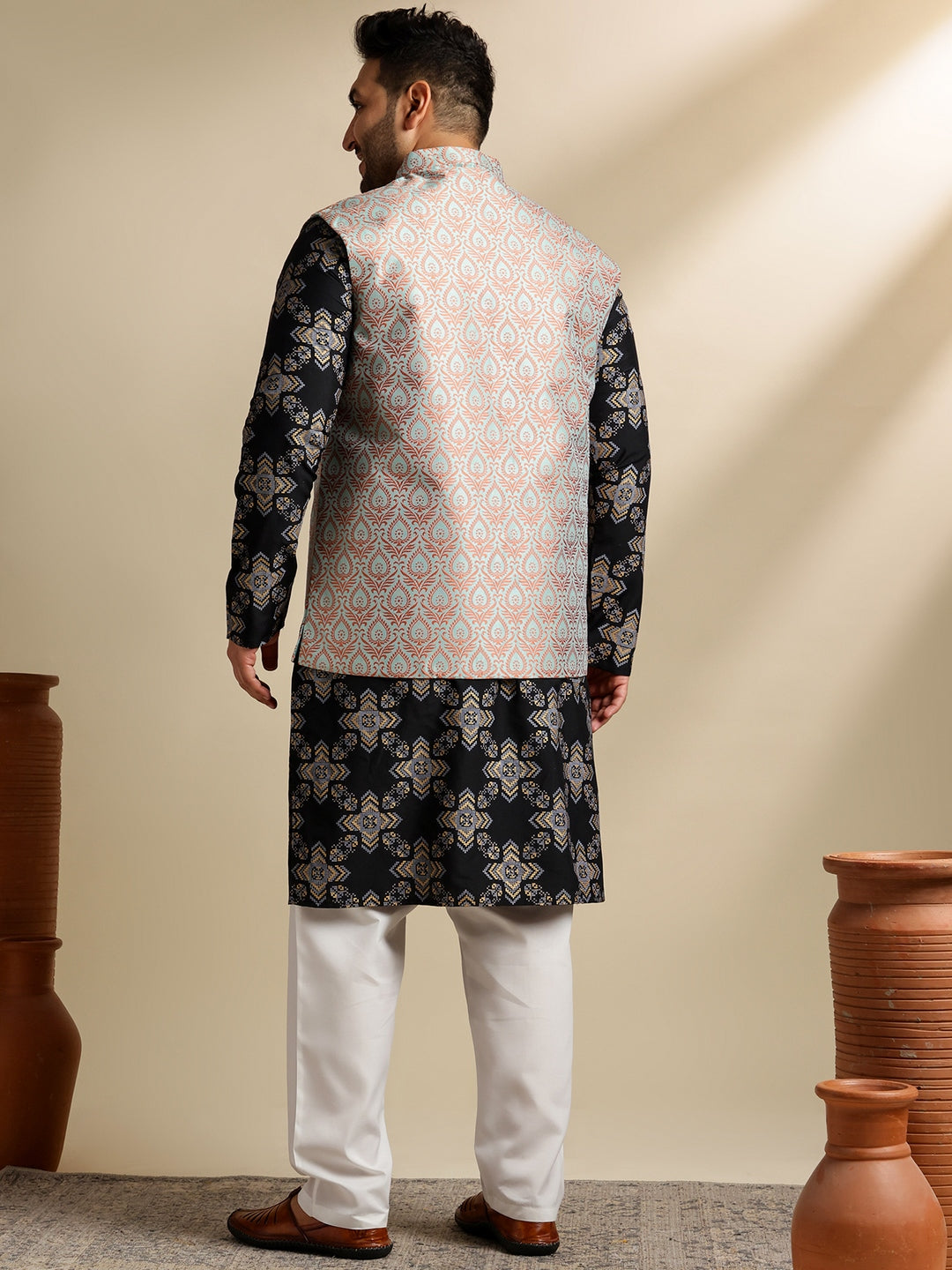 Sojanya PLUS (Since 1958) Men's Cotton Linen Printed Black Kurta & Pyjama With Green Nehru Jacket