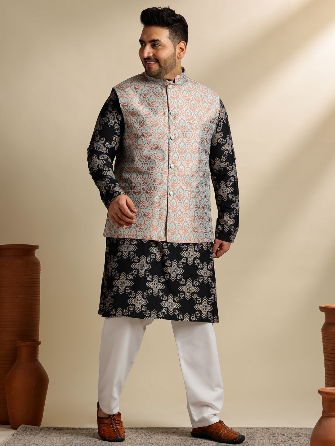 Sojanya PLUS (Since 1958) Men's Cotton Linen Printed Black Kurta & Pyjama With Green Nehru Jacket