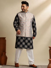 Sojanya PLUS (Since 1958) Men's Cotton Linen Printed Black Kurta & Pyjama With Green Nehru Jacket