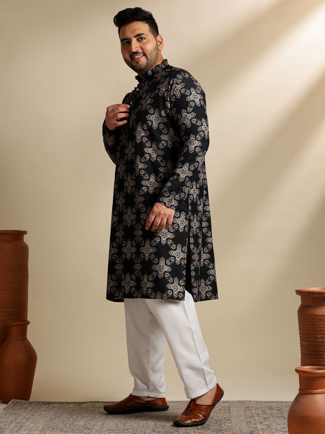 Sojanya PLUS (Since 1958) Men's Cotton Linen Printed Black Kurta & Pyjama With Green Nehru Jacket