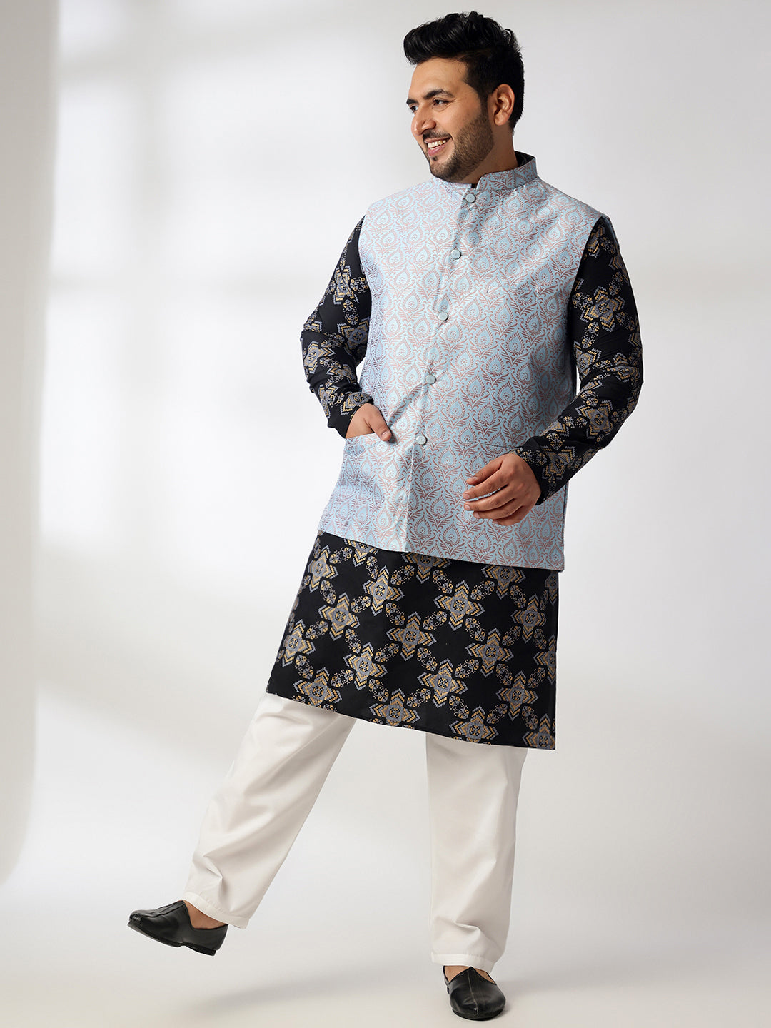 Men's Cotton Linen Printed Black Kurta With White Pyjama & Blue Nehru Jacket